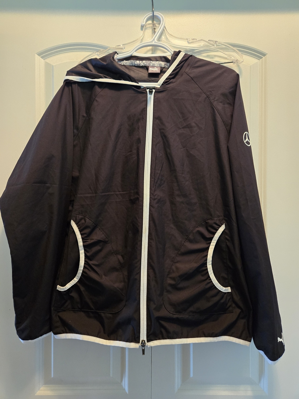 PUMA Black Hooded Windbreaker Jacket with White Trim